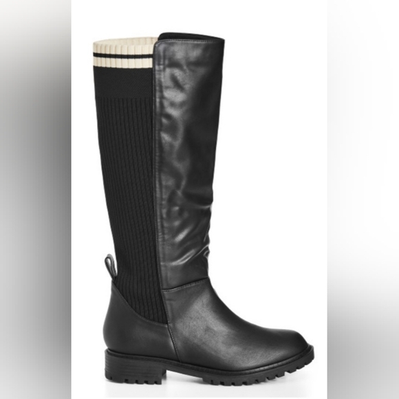 New City Chic Faux Leather and Knit Sweater Knee Boots Size 12 Wide Fit - Picture 2 of 6
